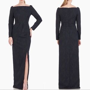 NEW Kay Unger Dark Midnight Blue Jude Jacquard Column Gown off the shoulder sz 2